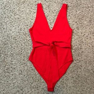 Red deep v body suit